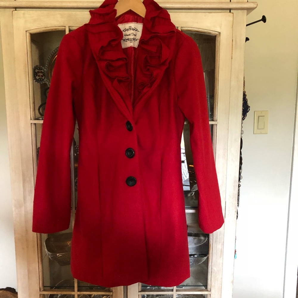 Heart Soul Red Ruffle Collar Pea Coat